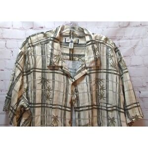 Caribbean Joe men's XLT Rayon button camp shirt beige tan green palm trees plaid